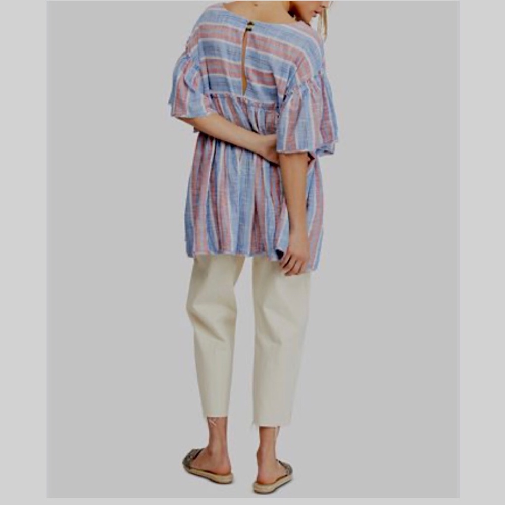 FREE PEOPLE SUMMER NIGHTS STRIPED COTTON TUNIC MINI DRESS SHORT BELL-SLEEVE TOP - Picture 3 of 16